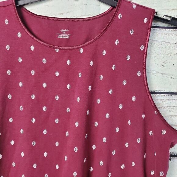 CJ Banks Sleeveless Tank Top Burgundy White Dot Print 100% Cotton 1X Plus Size - Picture 2 of 7